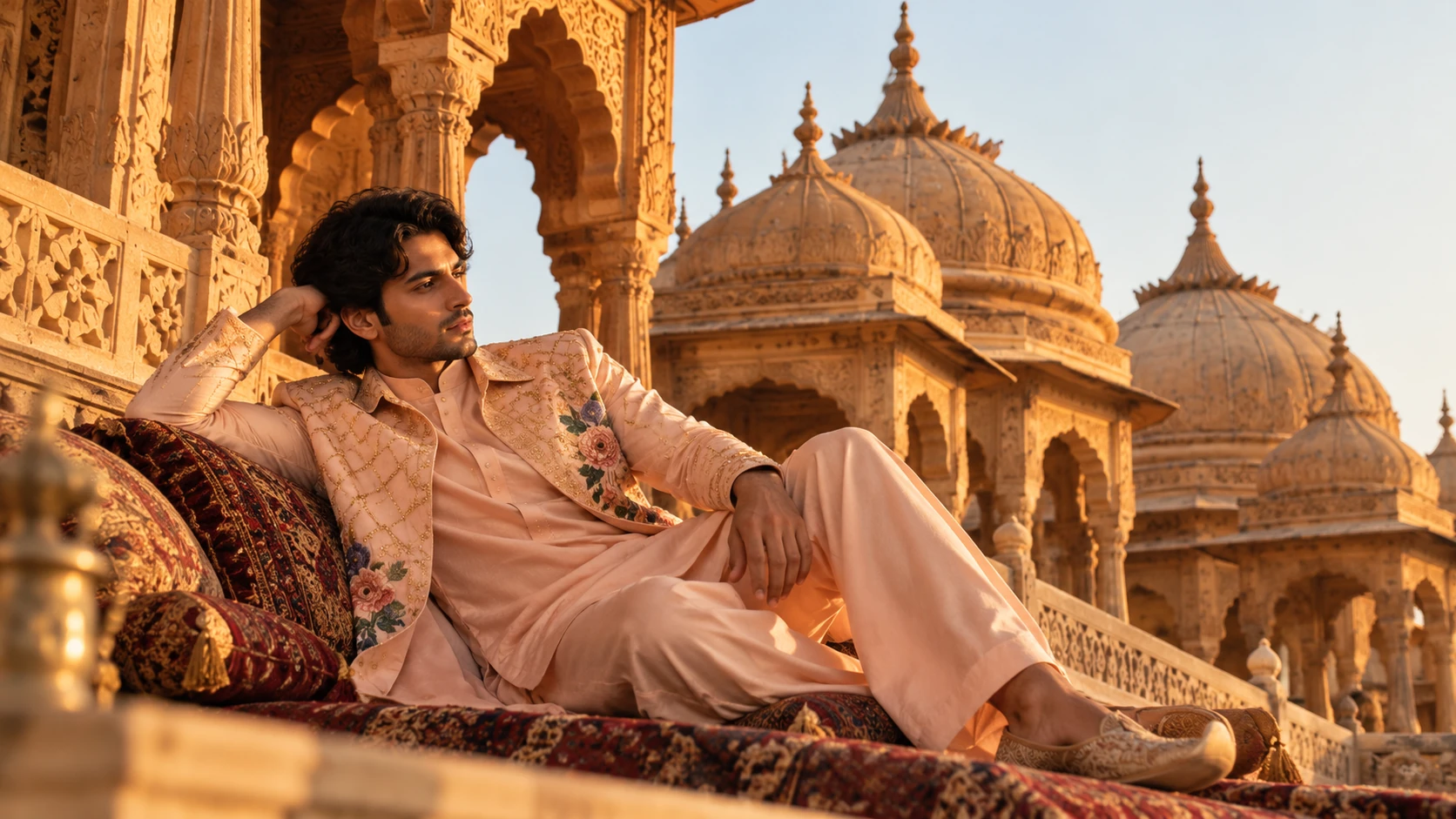 Couture look seated in a Jaipur palace pavilion overlooking domes
